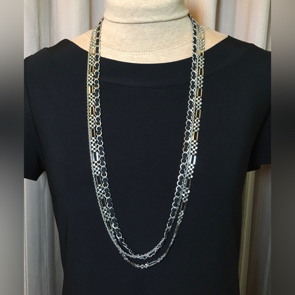 Multi-strand Silver Tone & Black Suede Ribbon Chain Necklace 37” - Picture 8 of 8